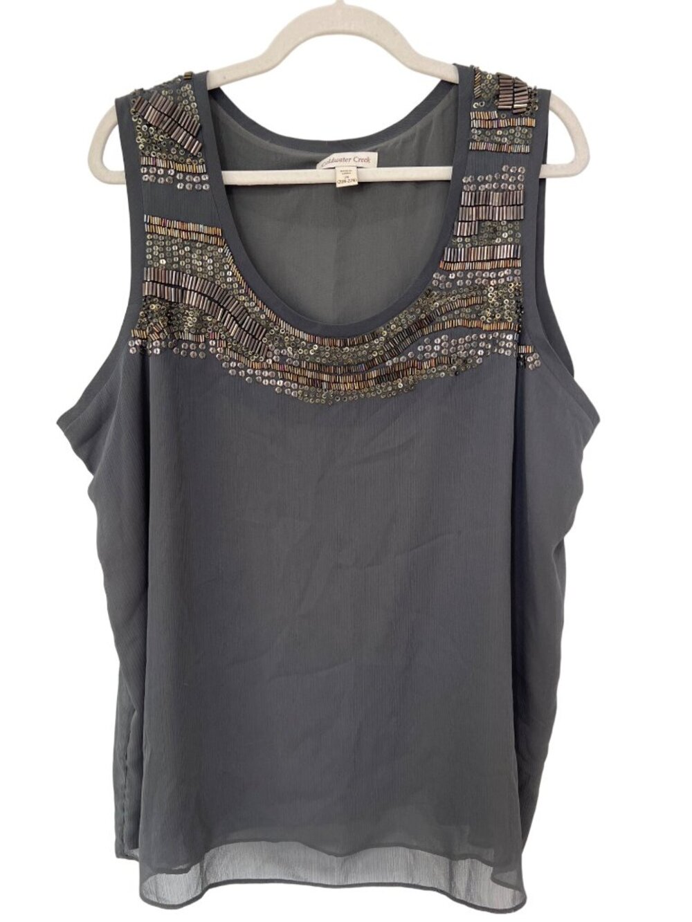 Coldwater Creek Tank Top Size 2X Embellished Chiffon Sequin Beaded Gray Retro